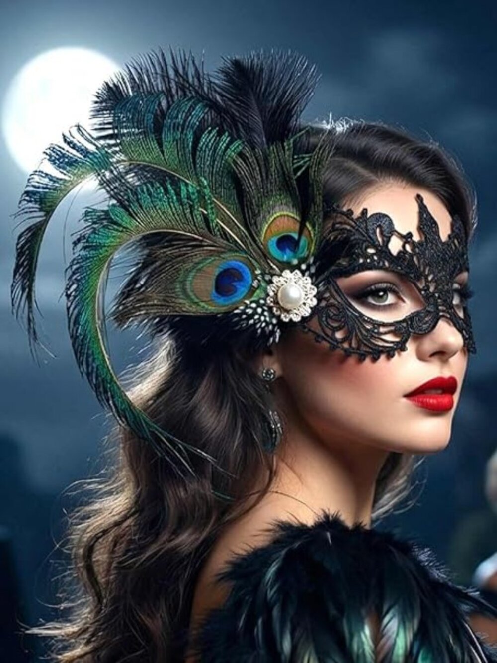 1920s‎ Black Feather Flapper Fascinator Headpiece with Lace Masquerade Mask